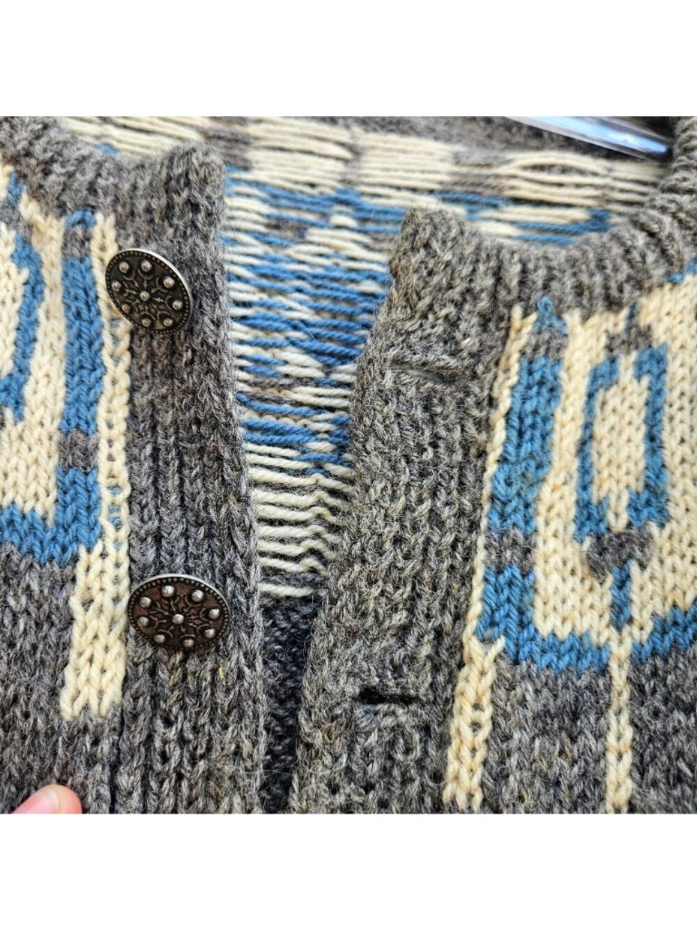 Vintage Hand Knit Nordic Wool Cardigan Gray Geometric Unisex XL - Picture 5 of 15